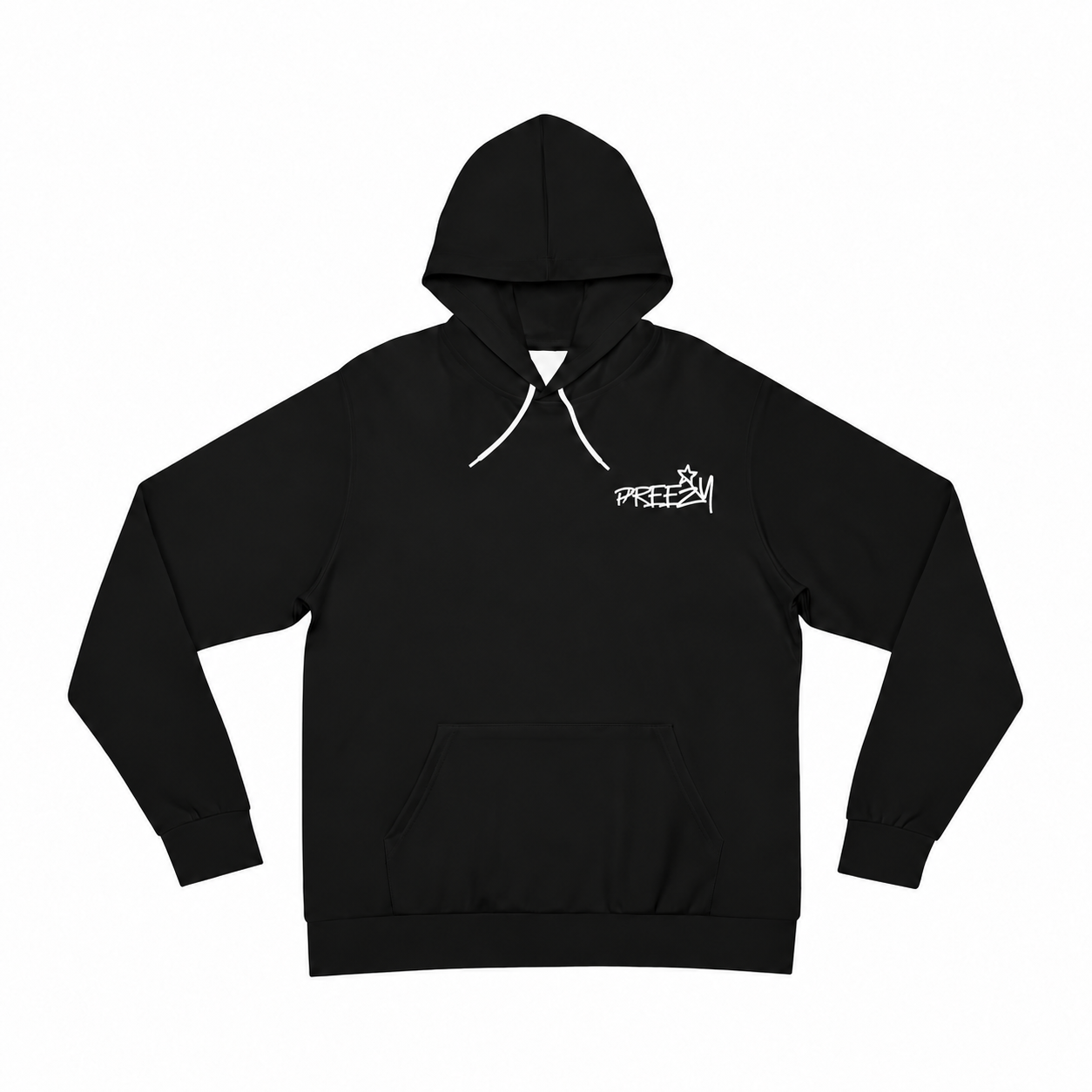 Black hoodie front with a small Preezy logo and star on the left chest