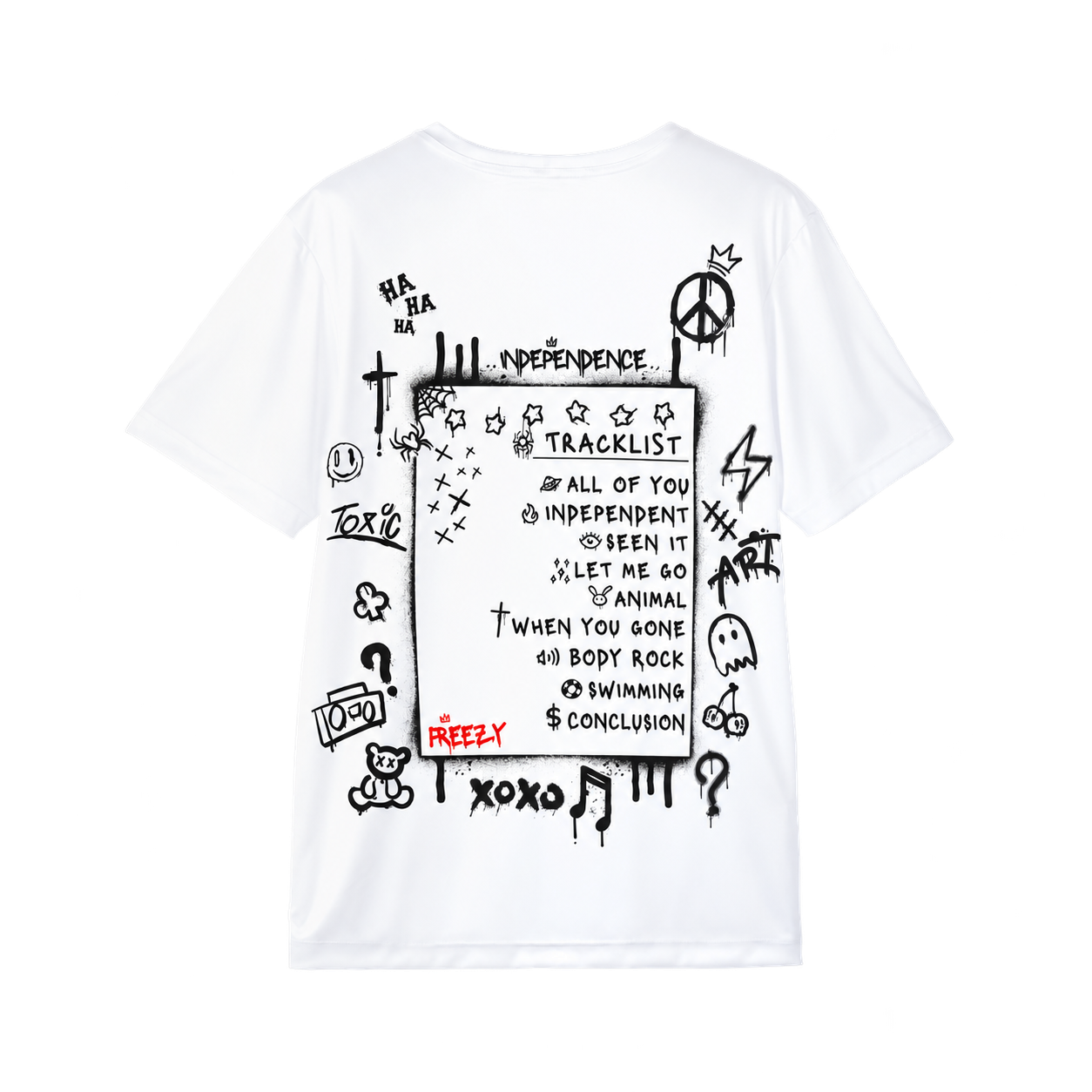 White T-shirt back with the Independence graffiti tracklist artwork