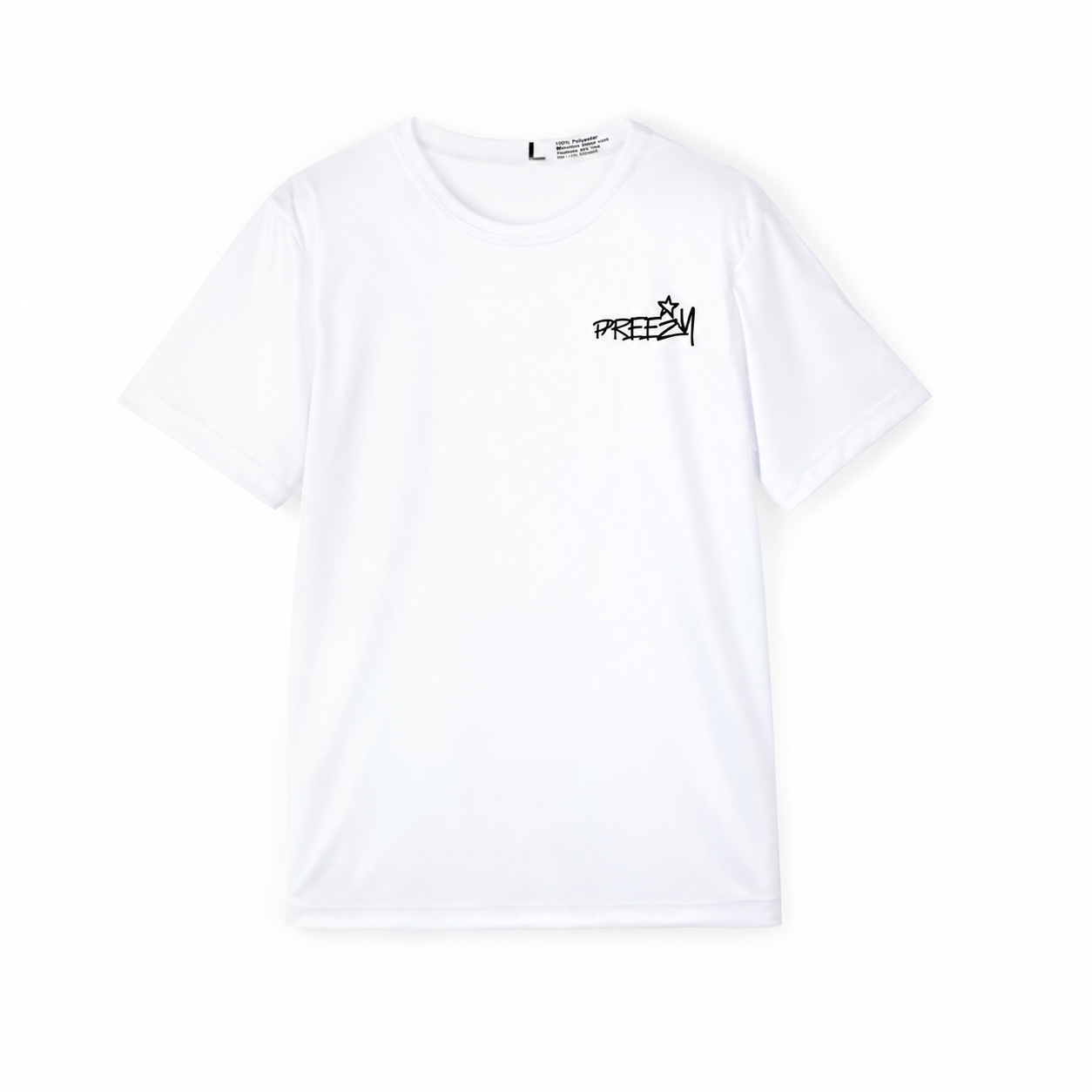 White T-shirt front with a small black Preezy logo and star on the left chest