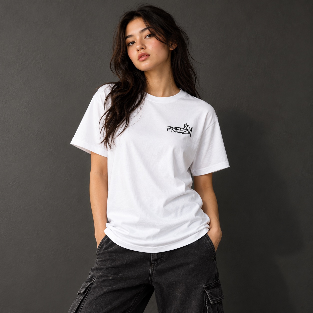 Model wearing the white Independence T-shirt with small Preezy chest logo