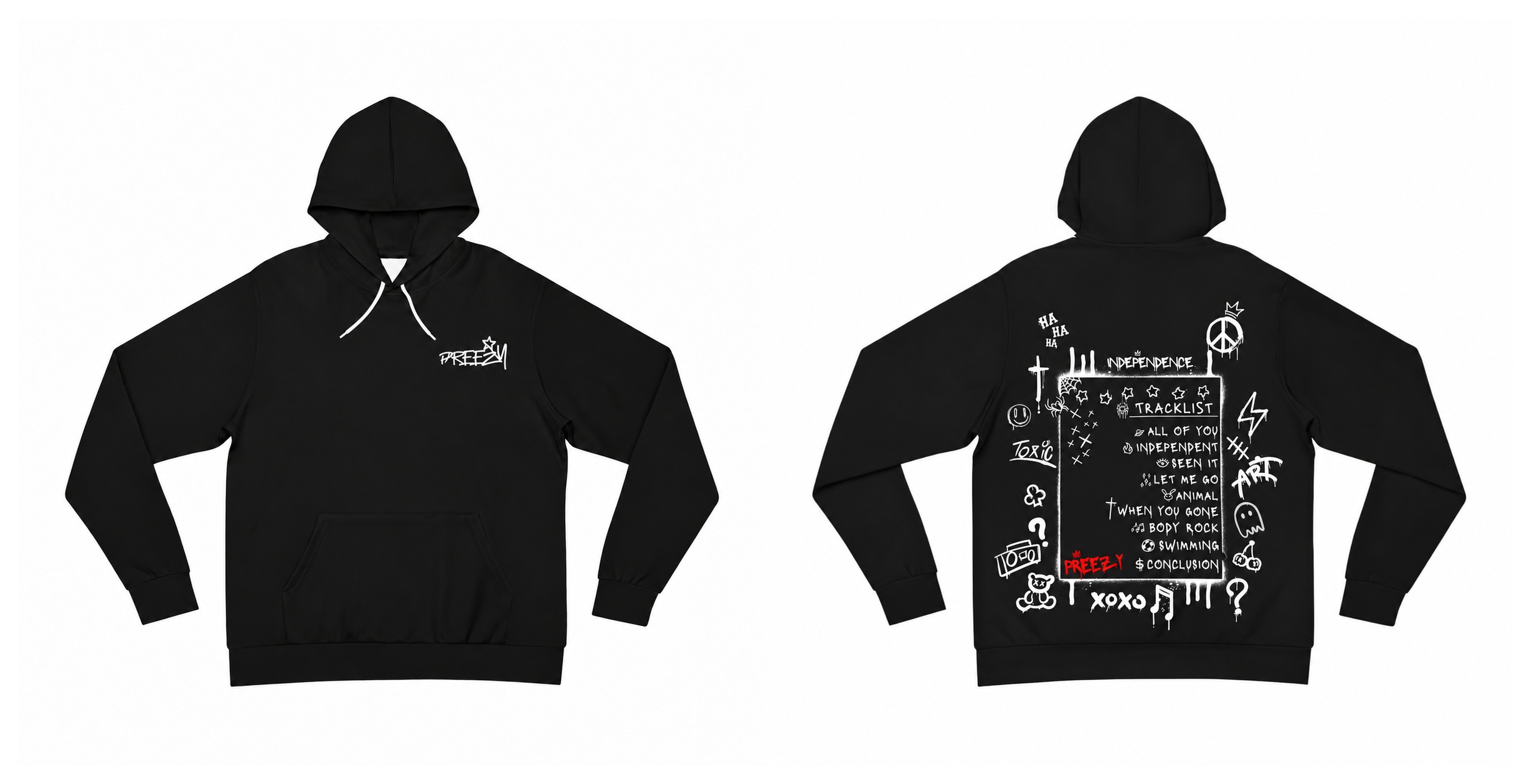 Front and back of the final black Independence hoodie with small left-chest logo